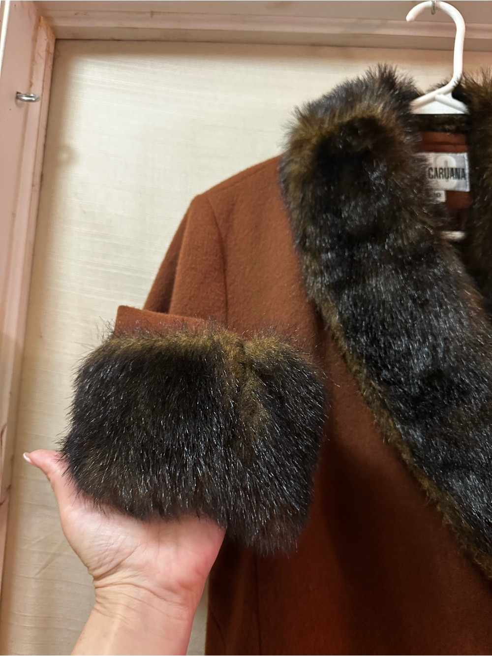 John Caruana Vintage 90s Wool Maxi Coat Faux Fur Collar Cuffs Glam Women’s - Picture 2 of 11